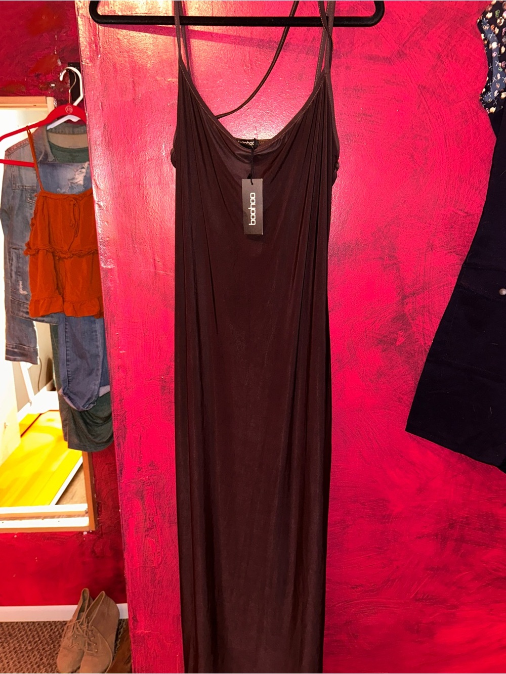 boohoo Brown Maxi Slip Dress with Spaghetti Straps